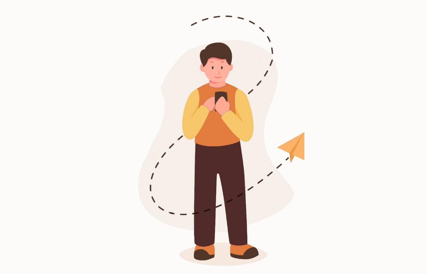 An illustration of a guy using his phone with a paper airplane in the background